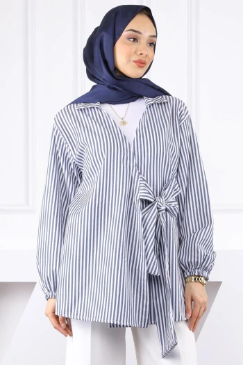 Beyaz Lacivert Çizgili Yan Bağlamalı Kimono
