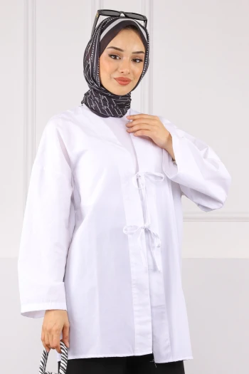 Beyaz Ön Bağlamalı Kimono