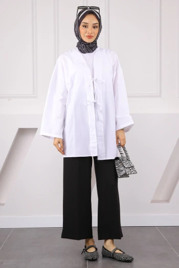 Beyaz Ön Bağlamalı Kimono