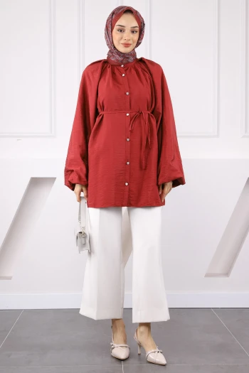 Bordo Balon Kol Kuşaklı Gömlek