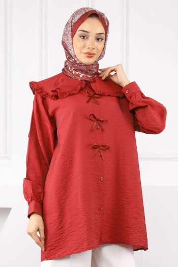 Bordo Bebe Yaka Fiyonk Detaylı Tunik