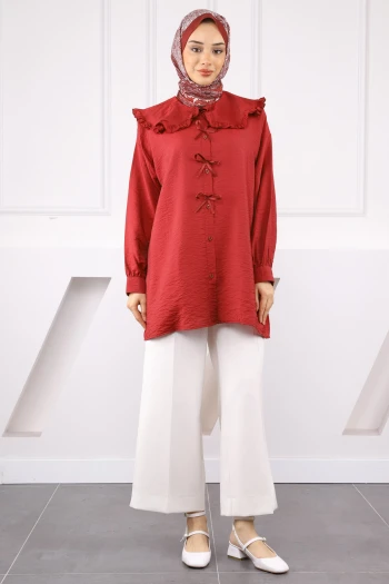 Bordo Bebe Yaka Fiyonk Detaylı Tunik