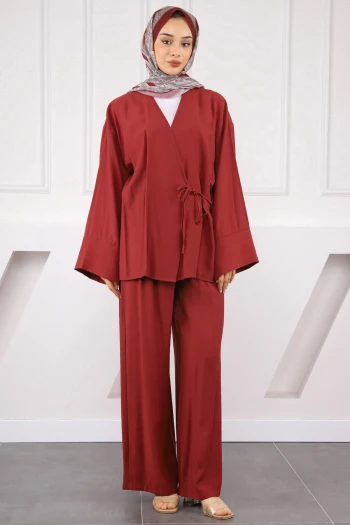 Bordo Bel Bağlamalı Modal Kimono Pantolonlu Takım