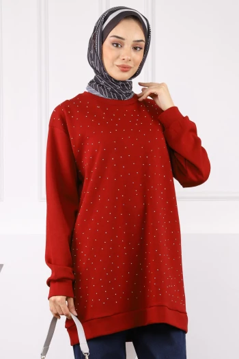 Bordo Bisiklet Yaka Taşlı Modal Tunik