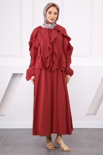 Bordo Bluz Fırfırlı Etekli Takım