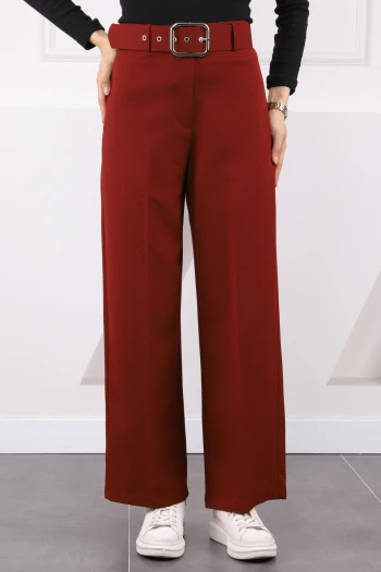 Bordo Bol Paça Kemerli Kumaş Pantolon