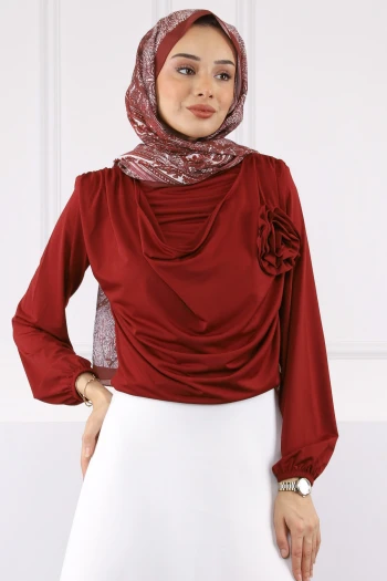 Bordo Çiçek Aksesuarlı Sandy Bluz