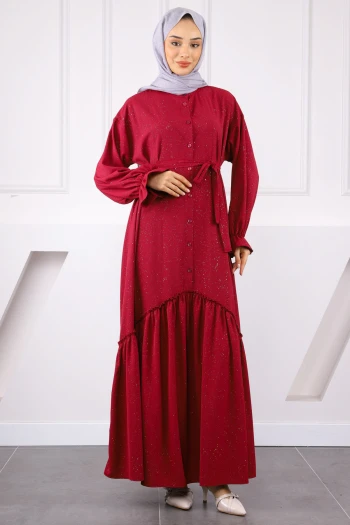 Bordo Eteği Büzgülü Beli Kuşaklı Linda Elbise