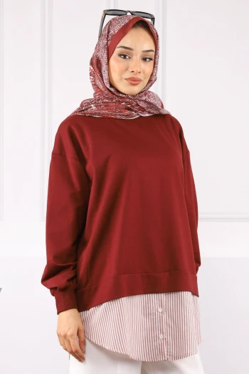 Bordo Gömlek Garnili Sweat