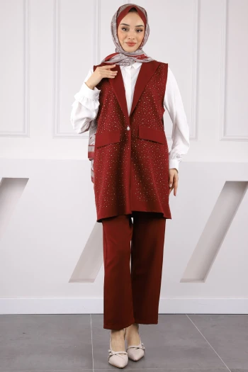 Bordo Gömlek Yelek Pantolonlu 3'lü Kombin Takım