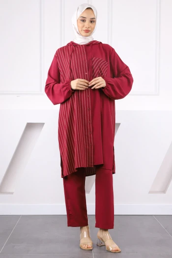 Bordo Kapüşonlu Çizgili Tunik Pantolonlu Takım