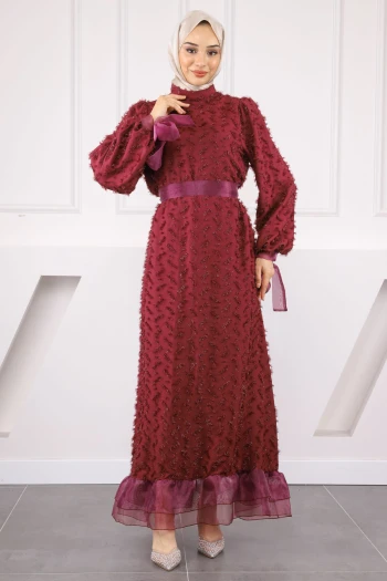Bordo Kol Bağlamalı Kuşaklı Abiye