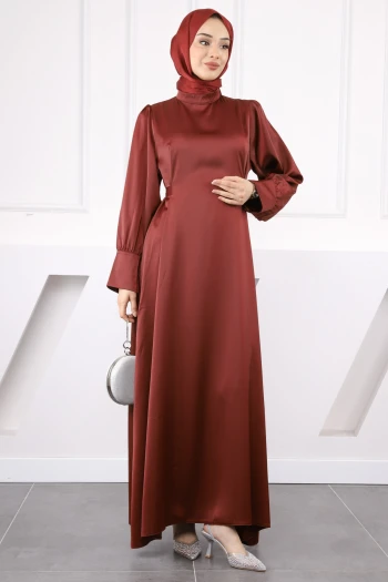 Bordo Kol Düğmeli Beli Kuşaklı Saten Abiye