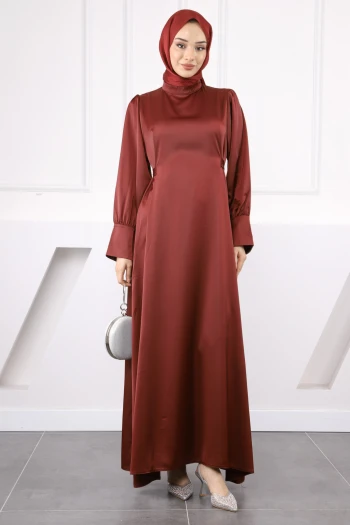 Bordo Kol Düğmeli Beli Kuşaklı Saten Abiye
