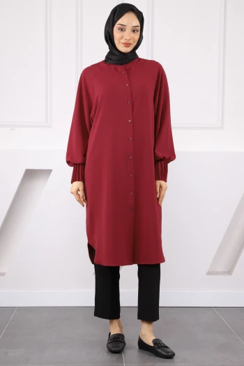 Bordo Kolları Nervürlü Linda Tunik