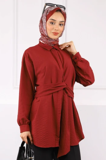 Bordo Kuşak Detaylı Bürümcük Gömlek