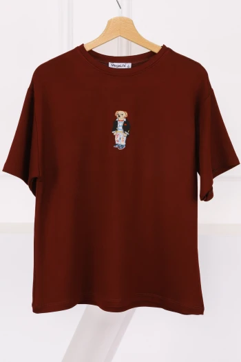 Bordo Nakışlı Modal Kısa Kol  T-Shirt