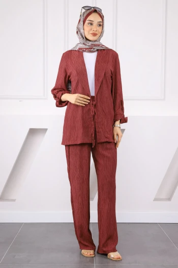 Bordo Ön Bağlamalı Kimono Pantolonlu Takım