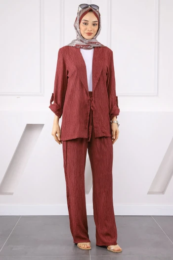 Bordo Ön Bağlamalı Kimono Pantolonlu Takım