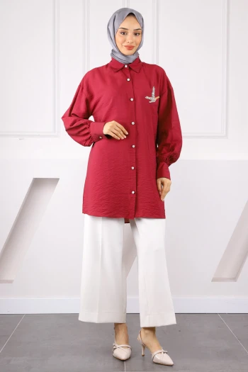 Bordo Ön Taş Detaylı Gömlek