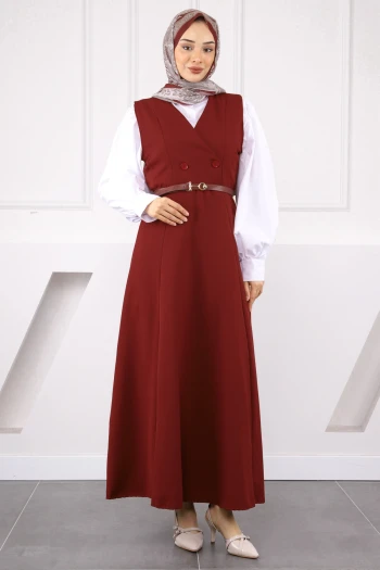 Bordo Önü Düğmeli Kemerli Jile Elbise