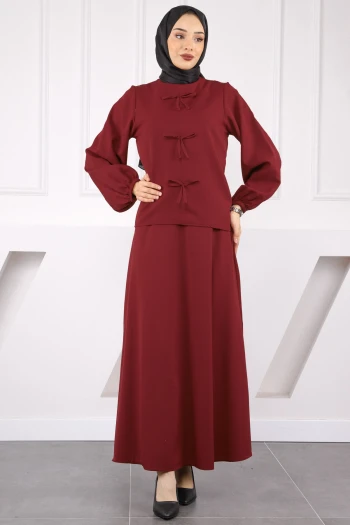 Bordo Önü Fiyonklu Krep Bluz Etekli Takım