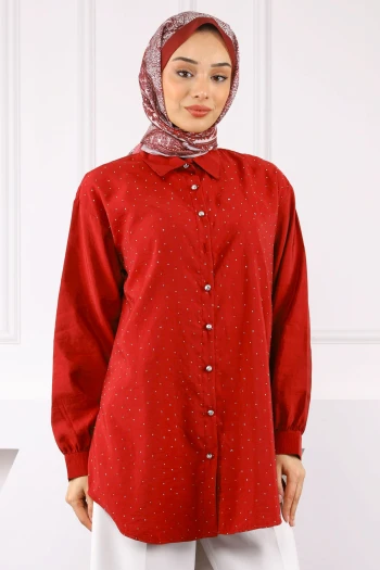 Bordo Taşlı Düğmeli Modal Gömlek