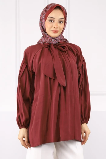 Bordo Yaka Detaylı Balon Kol Tunik