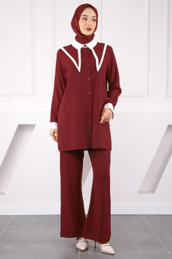Bordo Yaka Detaylı Tunik Pantolonlu Takım