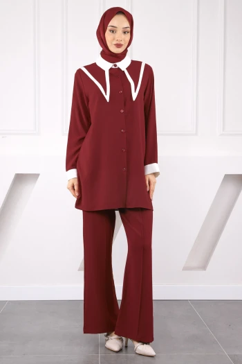 Bordo Yaka Detaylı Tunik Pantolonlu Takım