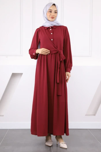 Bordo Yan Bağlamalı Linda Elbise