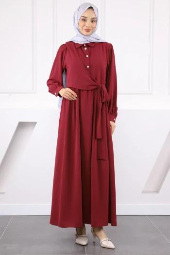 Bordo Yan Bağlamalı Linda Elbise