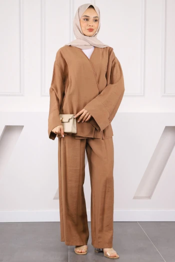 Camel Bel Bağlamalı Modal Kimono Pantolonlu Takım