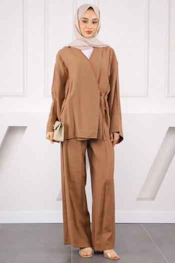 Camel Bel Bağlamalı Modal Kimono Pantolonlu Takım