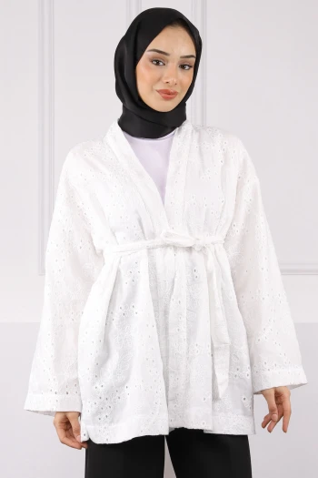 Ekru Bel Kuşaklı Kimono