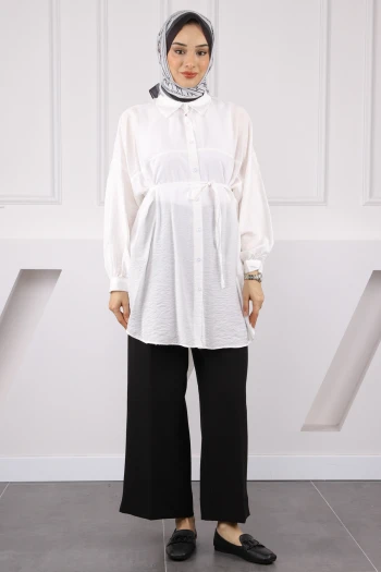 Ekru Beli İp Detaylı Tunik