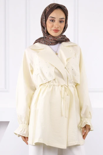 Ekru Kruvaze Yaka Önü Taşlı Ceket