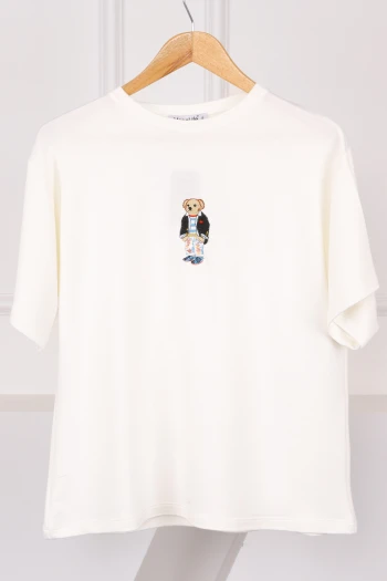 Ekru Nakışlı Modal Kısa Kol  T-Shirt