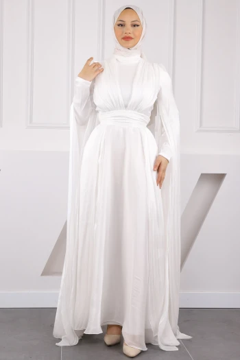 Ekru Omuz Detaylı Drapeli Abiye