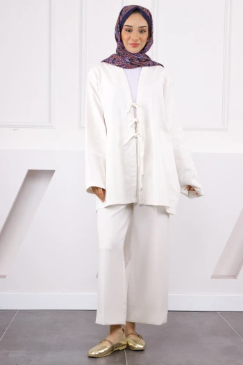 Ekru Ön Bağlamalı Kimono