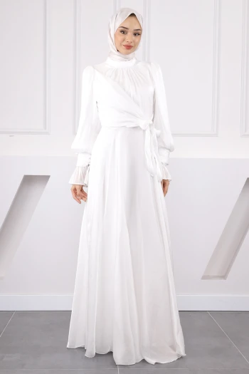 Ekru Yan Bağlamalı Kol Detaylı Abiye