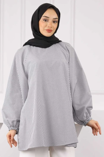 Füme Balon Kol Çizgili Tunik