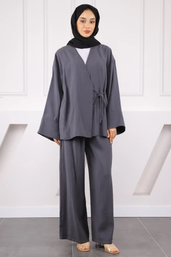 Füme Bel Bağlamalı Modal Kimono Pantolonlu Takım