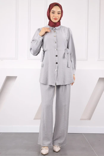 Gri Bel Bağlamalı Tunik Pantolonlu Takım