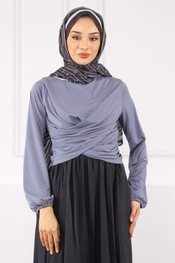 Gri Çapraz Drape Detaylı Sandy Bluz