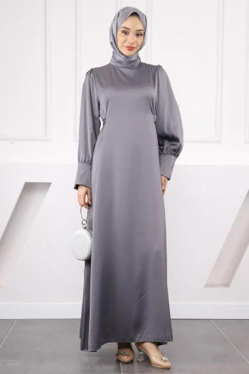 Gri Kol Düğmeli Beli Kuşaklı Saten Abiye