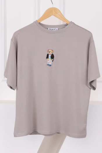 Gri Nakışlı Modal Kısa Kol  T-Shirt