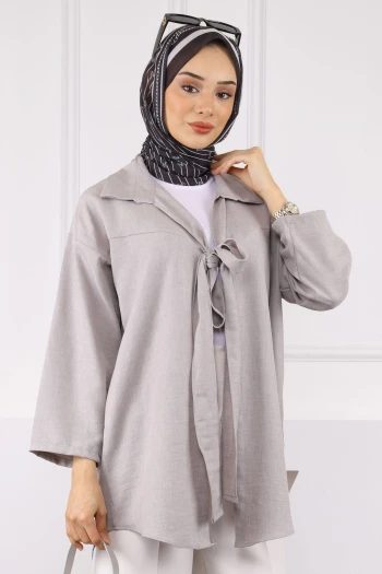Gri Ön Bağlamalı Kimono