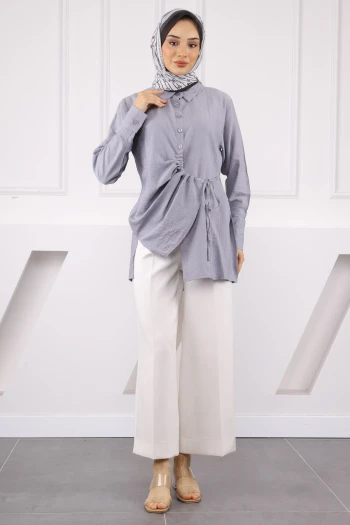 Gri Yan Bağlamalı Düğmeli Gömlek