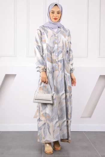 Gri Yarım Düğmeli Desenli Elbise